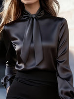 Satin Bow Tie Long Sleeve Blouse