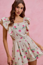 SO ME Floral Print Denim Cut Out Waist Ruffled Romper