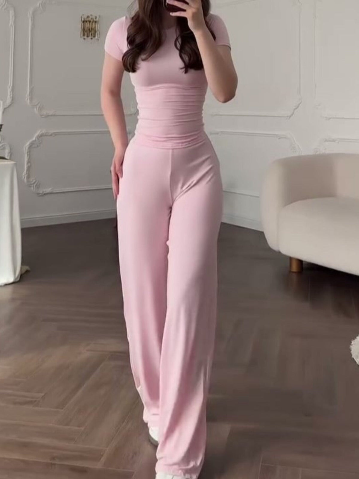 Full Size Round Neck Top and Wide Leg Pants Set Plus Size