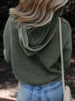 Mineral Wash Ribbed Knit Button Drawstring Neck Hooded Sweater