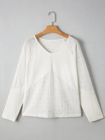 Eyelet Embroidered Loose V Neck Long Sleeve Top
