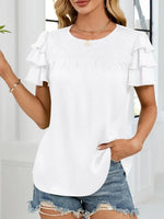 Smocked Round Neck Ruffled Layered Sleeve Blouse