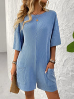 Backless Textured Round Neck Half Sleeve Romper