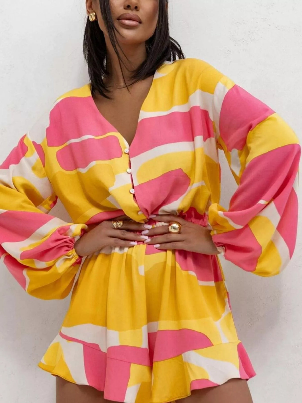 Floral V-Neck Long Sleeve Romper with Elastic Waist
