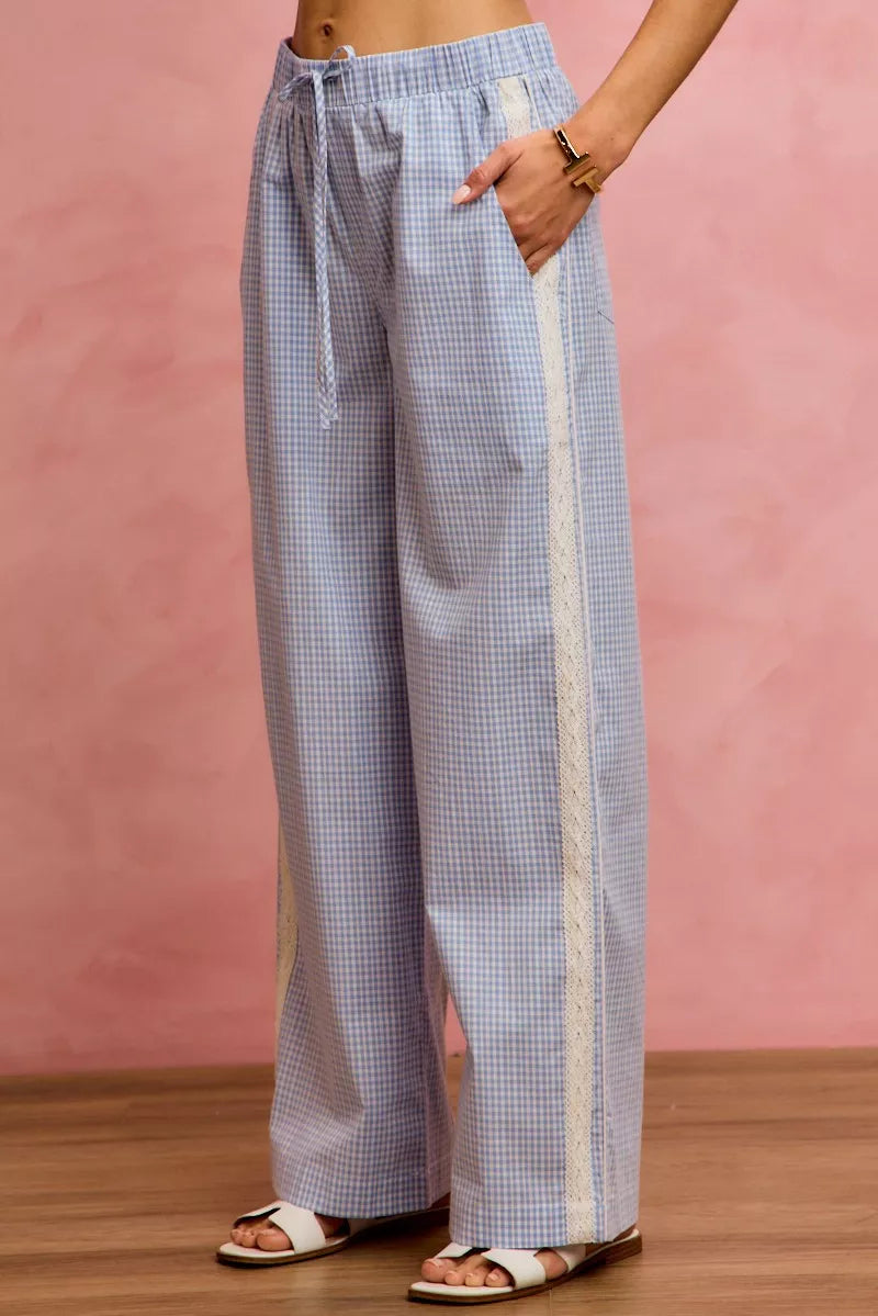 SO ME Wide CheckPants With Side Lace Trim And Piping