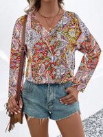 Printed V-Neck Long Sleeve Blouse