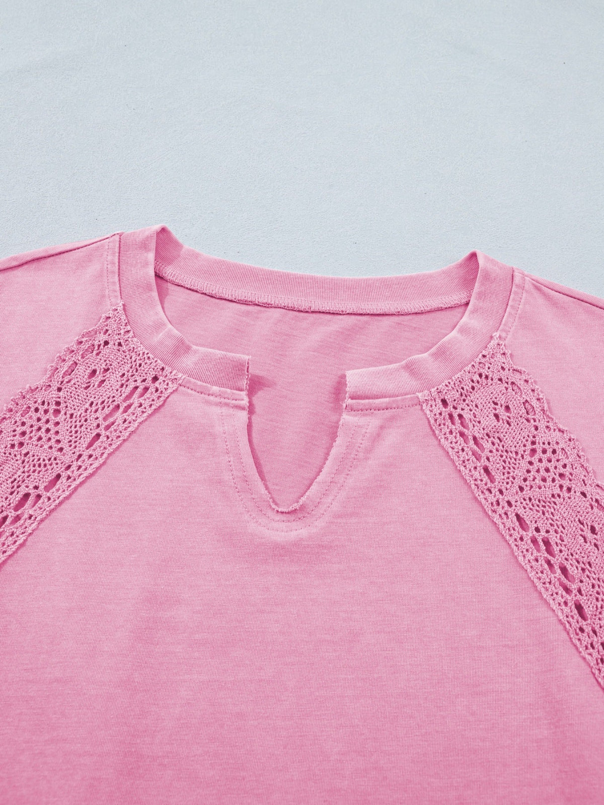 Raw Cut Notched Neck Lace Patchwork Detail Mineral Wash Tee