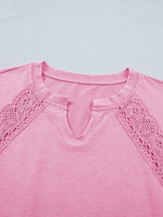 Raw Cut Notched Neck Lace Patchwork Detail Mineral Wash Tee