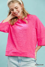 Round Neck Textured Floral Terry Blouse
