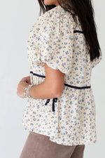 Contrast Trim Floral Puff Short Sleeve Shirt