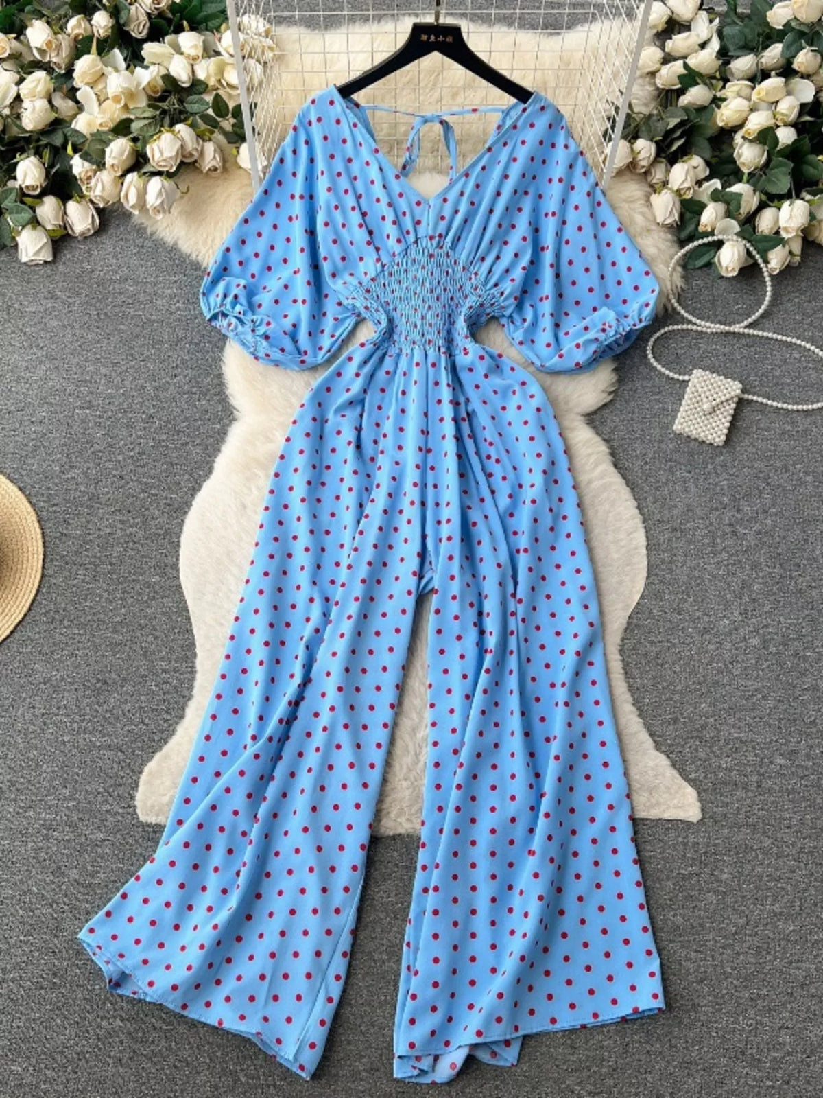 Smocked V-Neck Wide Leg Jumpsuit
