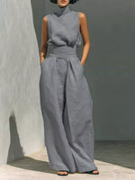 High Neck Sleeveless Top and Wide Leg Pants Set