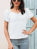 Ruched Decor Button V-Neck Short Sleeve Blouse