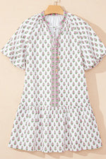 Floral Print Puff Sleeve Tie Neck Ruffled Hem Dress