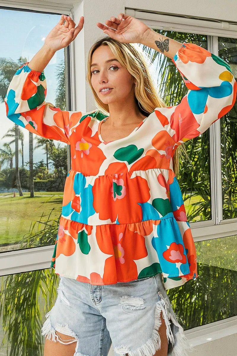 BiBi Floral Woven Tiered V Neck Top