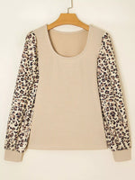 Leopard Sleeve Patchwork Ribbed Knit U Neck Top