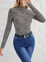 Animal Print Mock Neck Long Sleeve T-Shirt