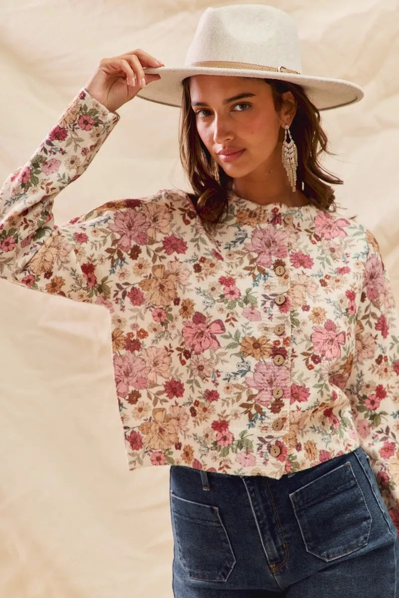 SO ME Floral Print Button Front Sweater Cardigan