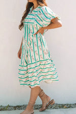 Striped Floral Print Tie Neck Puff Sleeve Midi Dress