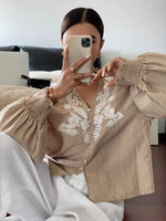 Embroidered Notched Long Sleeve Blouse
