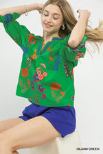 Umgee Floral Split Neck Puff Sleeve Top