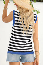 Stripe Pointelle Knit Contrast Trim Sleeveless Sweater Top