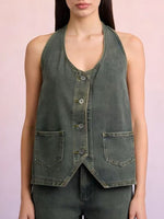Halter Neck Button-Down Denim Vest