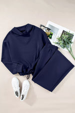 Solid Color Cowl Neck Drawstring Pullover Wide Leg Athleisure Pants Set