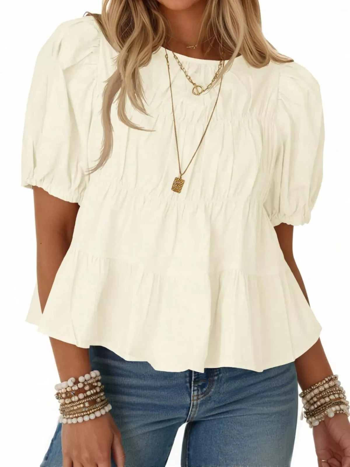 Ruched Tiered Puff Sleeve Blouse