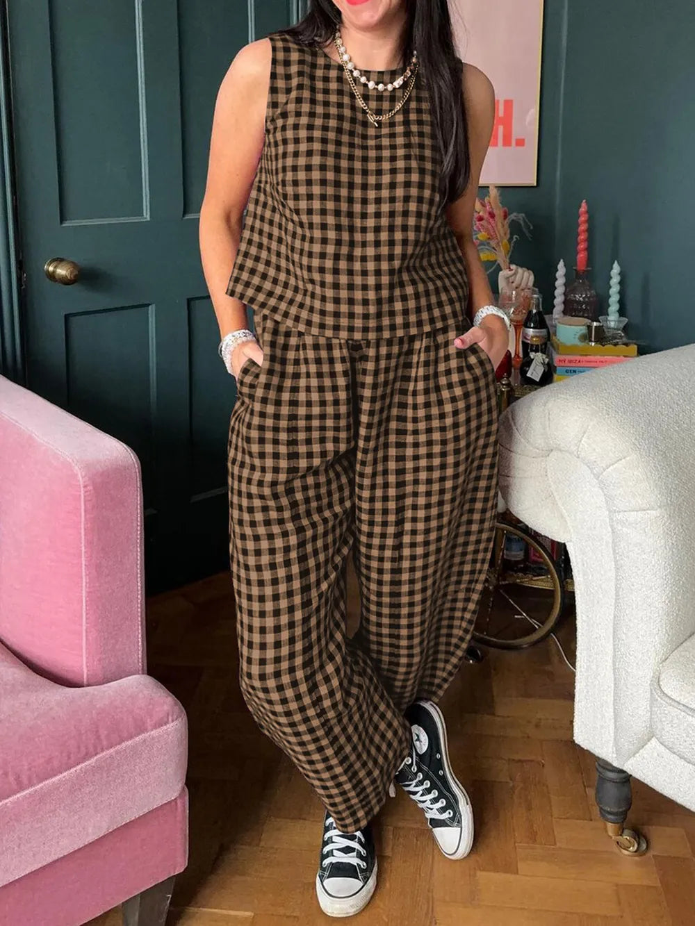 Lovelet Plaid Round Neck Sleeveless Top and Pants Set