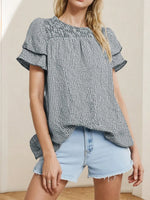 Smocked Plaid Round Neck Layered Short Sleeve Blouse
