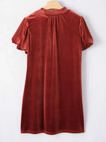 Tie Neck Puff Sleeve Velvet Dress