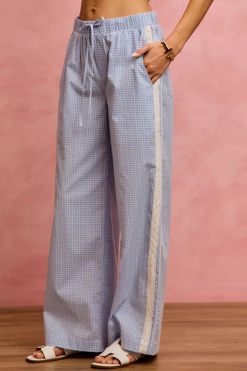 SO ME Wide CheckPants With Side Lace Trim And Piping