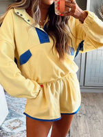 Color Block Patchwork Half Button Top and Shorts 2pcs Set