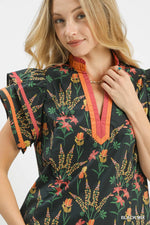 Umgee Mix Floral Print Blouse with Contrast Trim