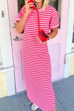 Stripe Striped Short Sleeve Scalloped Trim Side Slit Maxi Tee Dress