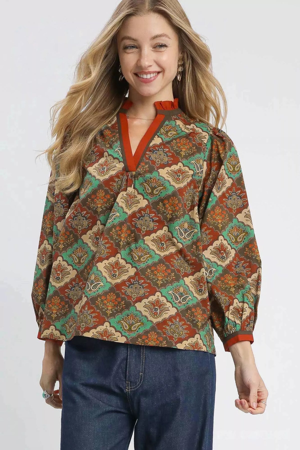 Umgee Abstract Print Ruffle Neck Top