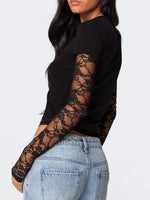 Cropped T-Shirt with Sheer Lace Sleeves
