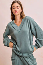 BiBi Two Tone Cord Rib Contrast Stitching V-Neck Top and Pants Set