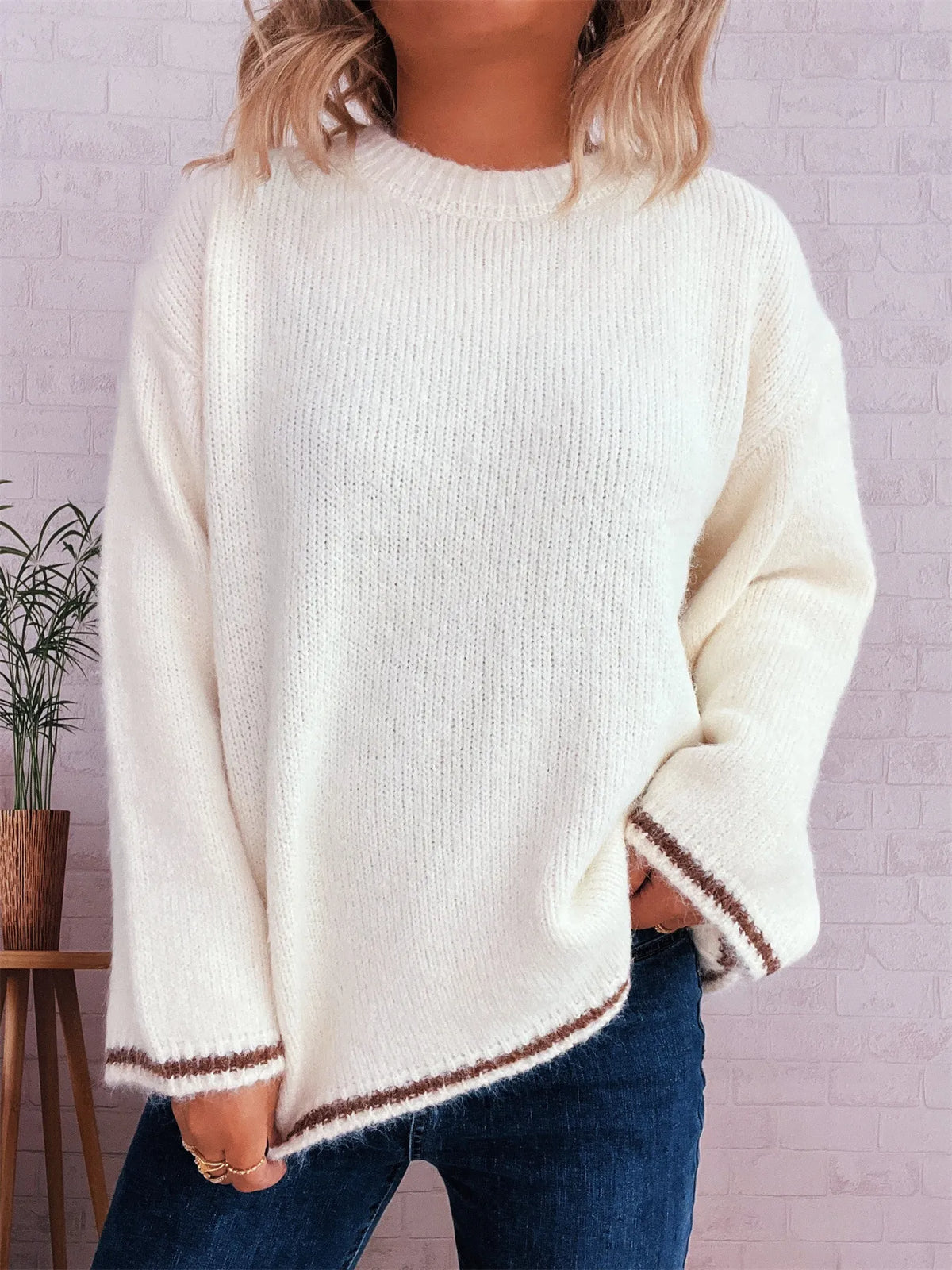 Contrast Trim Round Neck Cozy Sweater