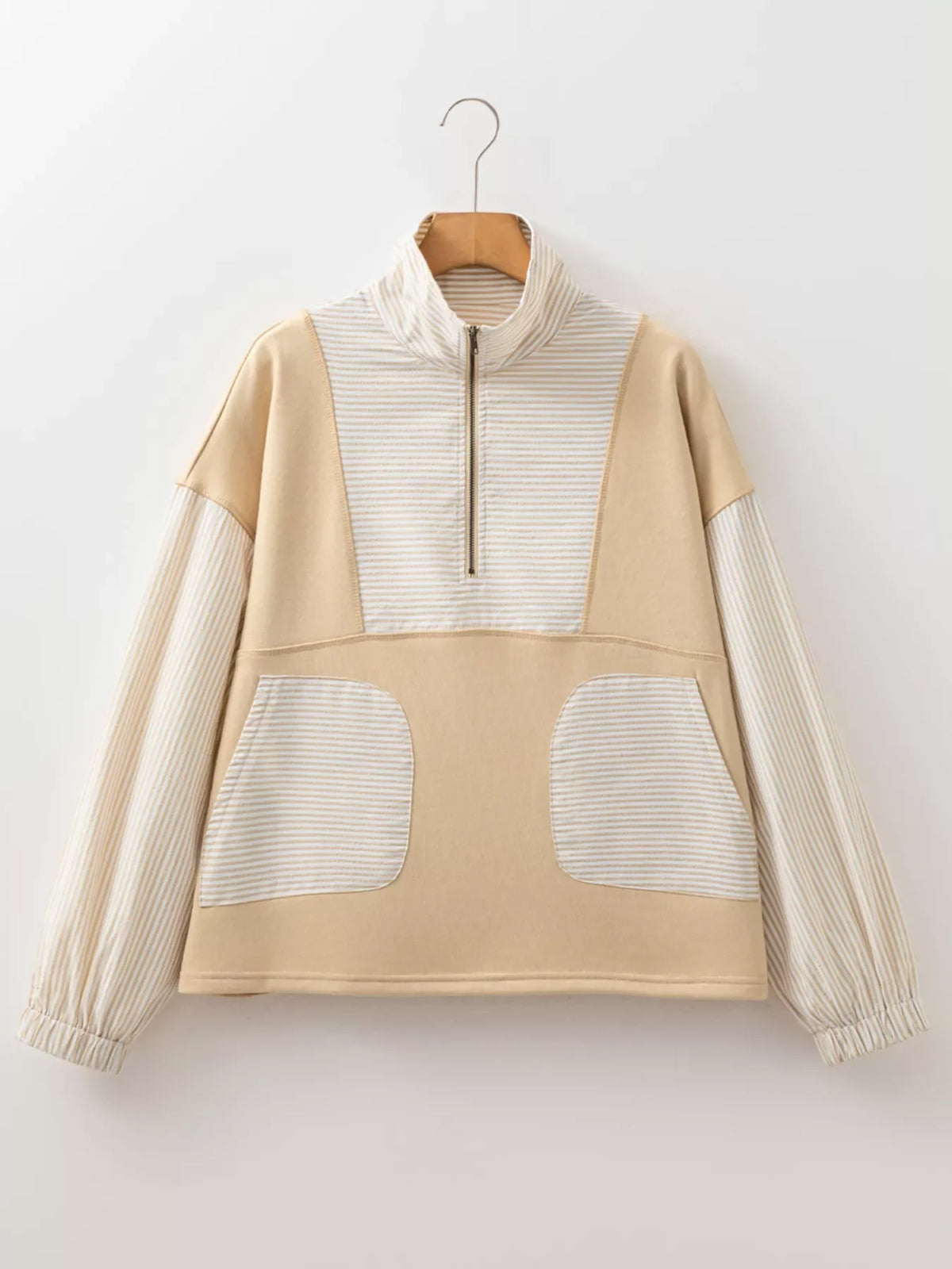 Quarter Zip Striped Patchwork Drop Shoulder Loose Long Sleeve Top