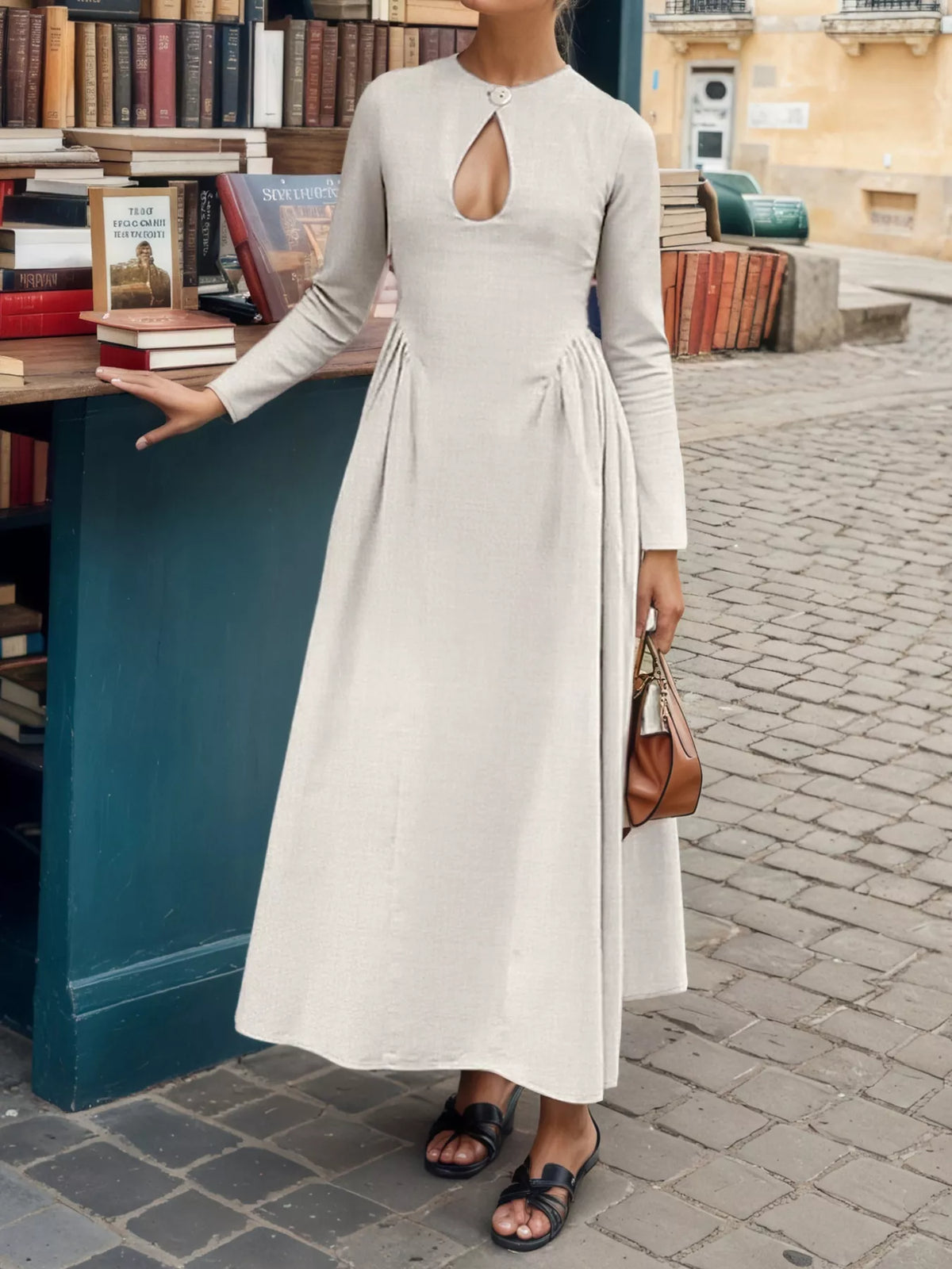 Cutout Front Long Sleeve A-Line Dress