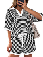 Striped Knit Polo Shirt & Shorts Set