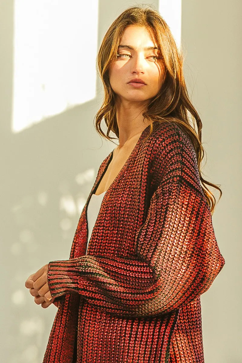 BiBi Metallic Knit V-neck Open Sweater Cardigan