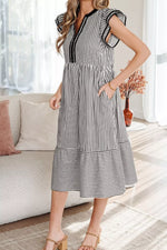 Striped Ruffle Sleeve Tiered Midi Dress