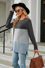 Color Block Round Neck Long Sleeve Slit T-Shirt