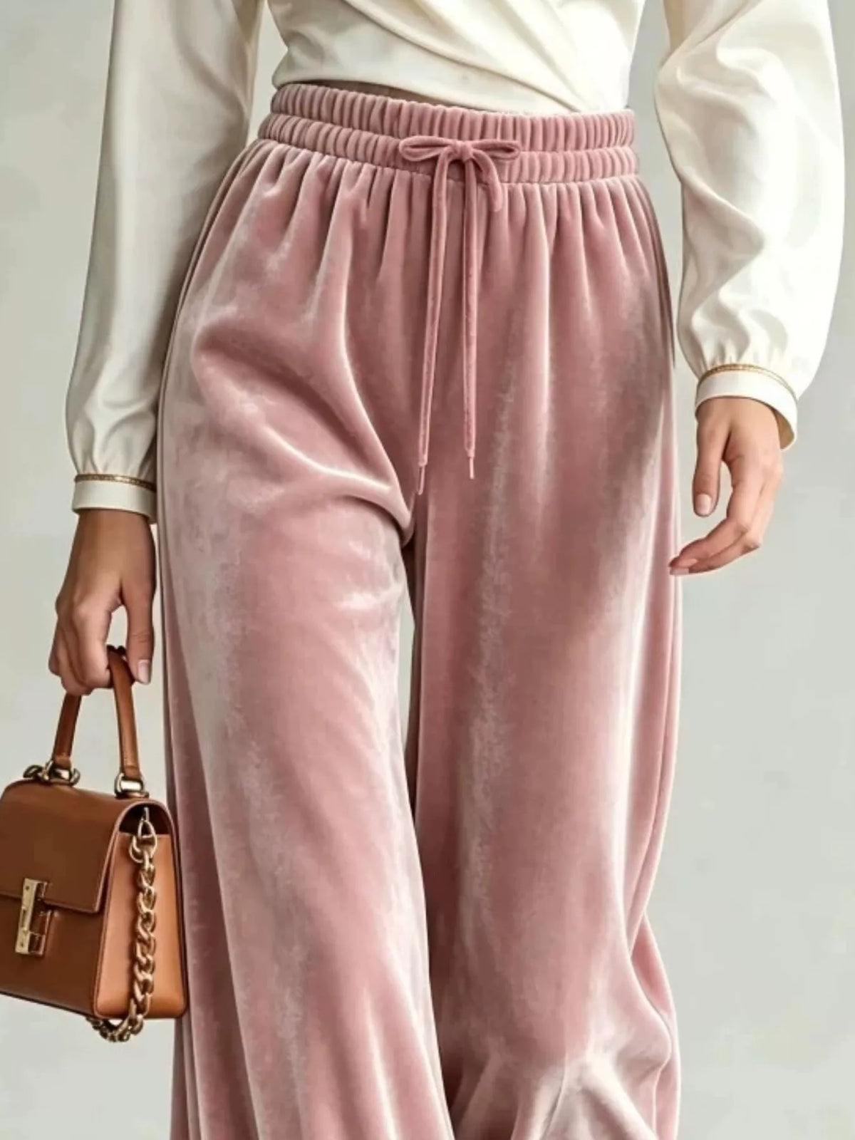 Velvet Wide-Leg Pants with Drawstring