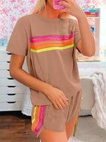 Rainbow Striped Round Neck Top and Shorts Set