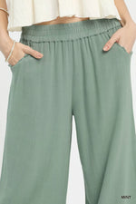 Umgee Linen Wide Leg Cropped Pants with Lace Trim