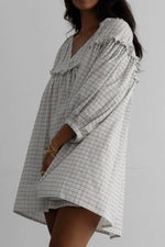 Frill Plaid Notched Balloon Sleeve Mini Dress